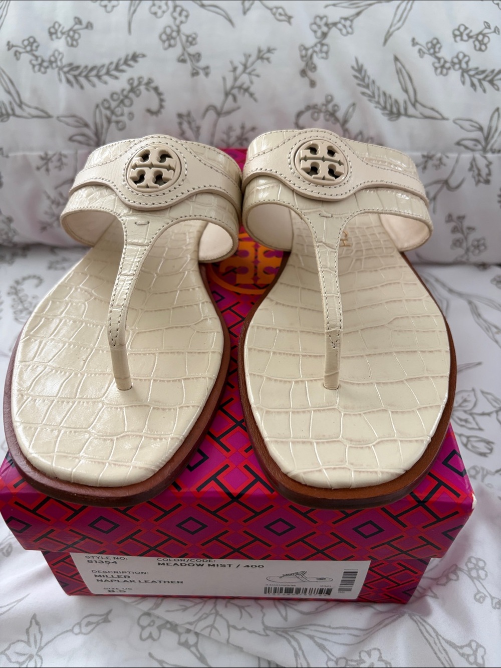 Tory Burch Cream Croc-Embossed Thong Sandals with Logo Disk